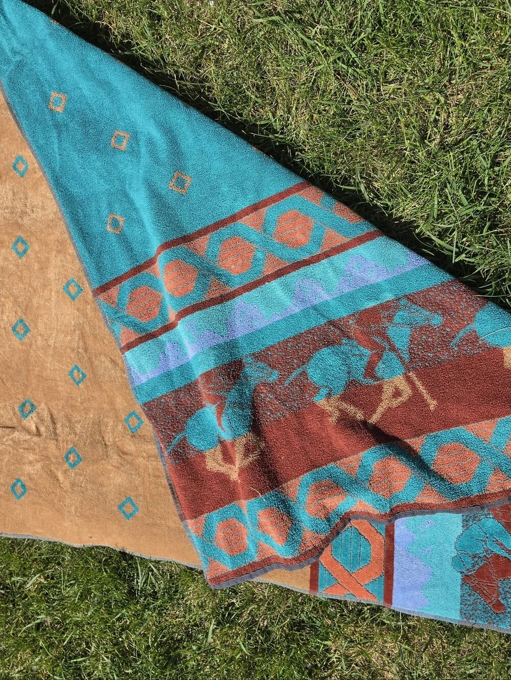 VTG Royal Terry Beach Towel Polo Players Equestrian Horse Scene Camel Teal